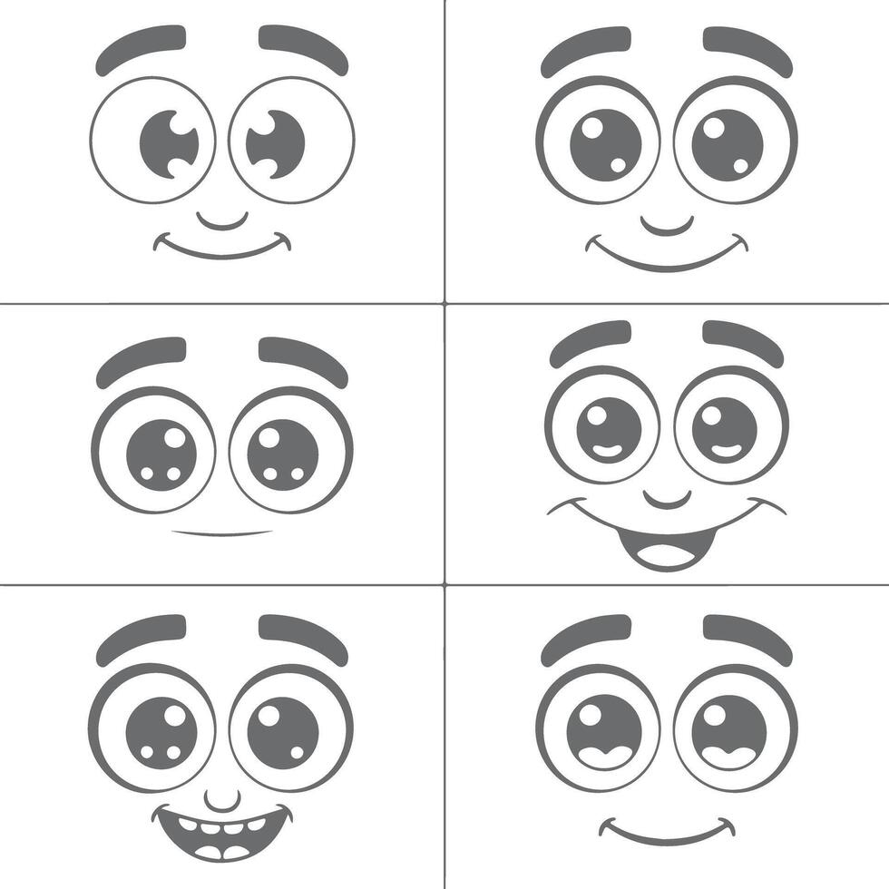 Six Gray Cartoon Face Silhouettes with Varying Expressions Big Eyes and Simple Smiles Set of Happy Emojis vector