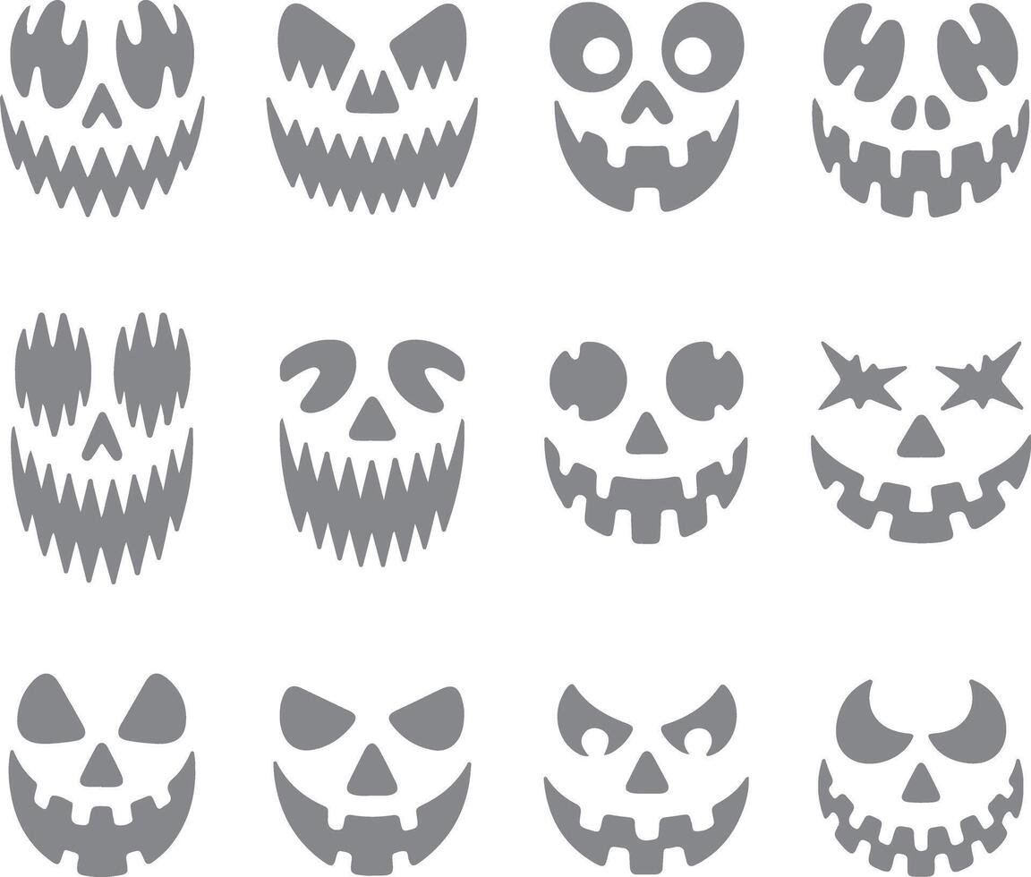 Twelve Grey Halloween Jackolantern Silhouette Face Designs Various Expressions Spooky Festive vector