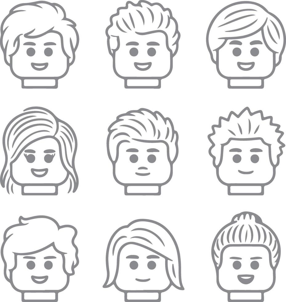 Nine Gray Scale Lego Minifigure Head Silhouettes Diverse Hairstyles Smiling Faces Simple Line Art Icons Set vector