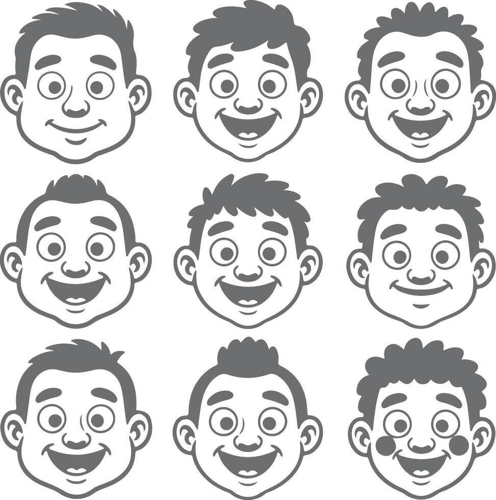 Nine Gray Silhouette Cartoon Boy Faces Smiling Expressions Different Hairstyles Happy Childrens Illustrations vector
