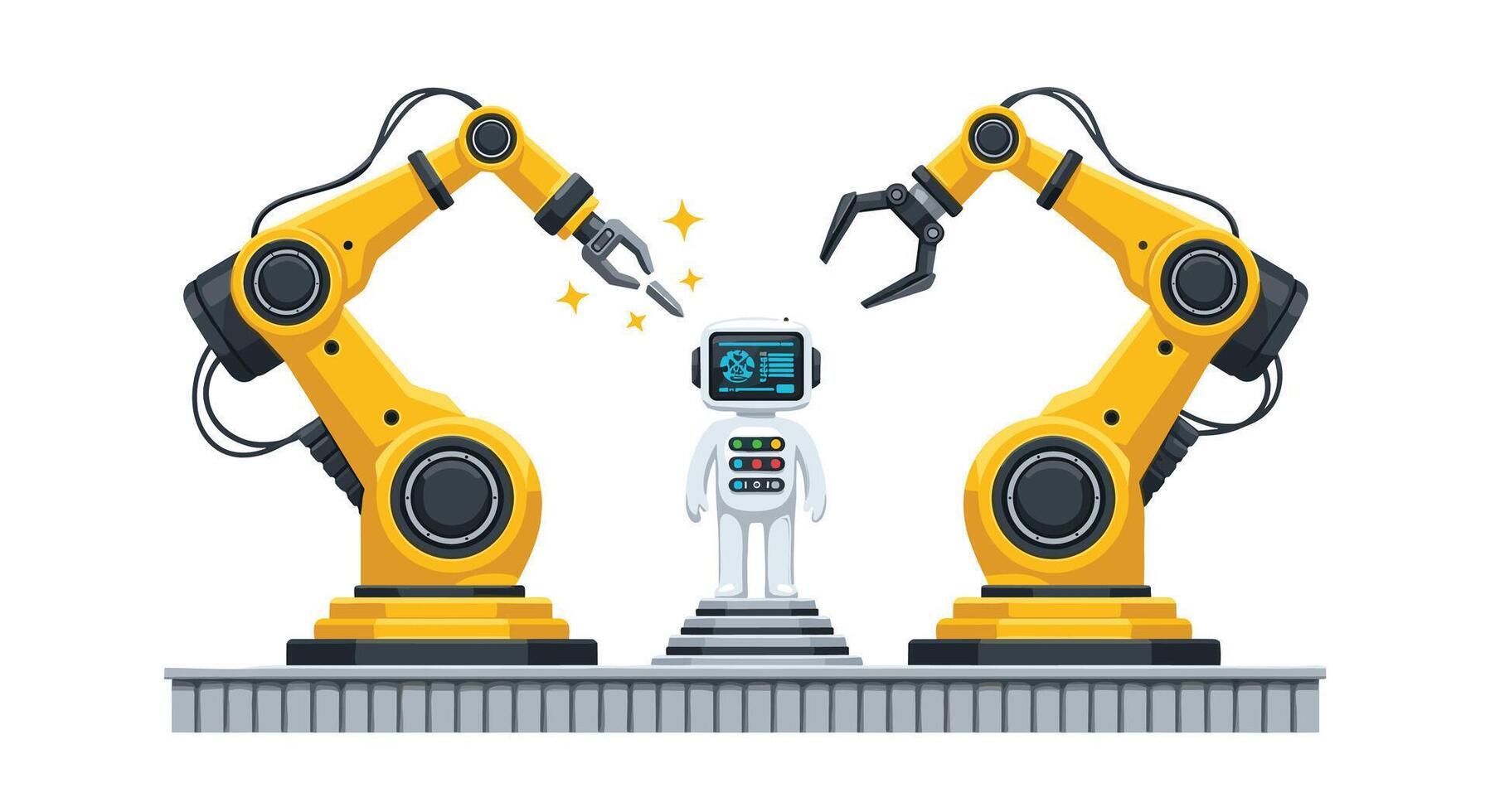 Robots and a man standing in front of them vector