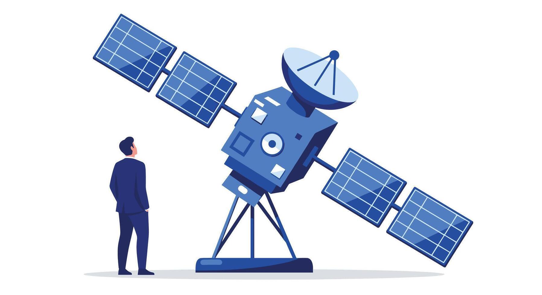 A man standing next to a satellite with solar panels vector