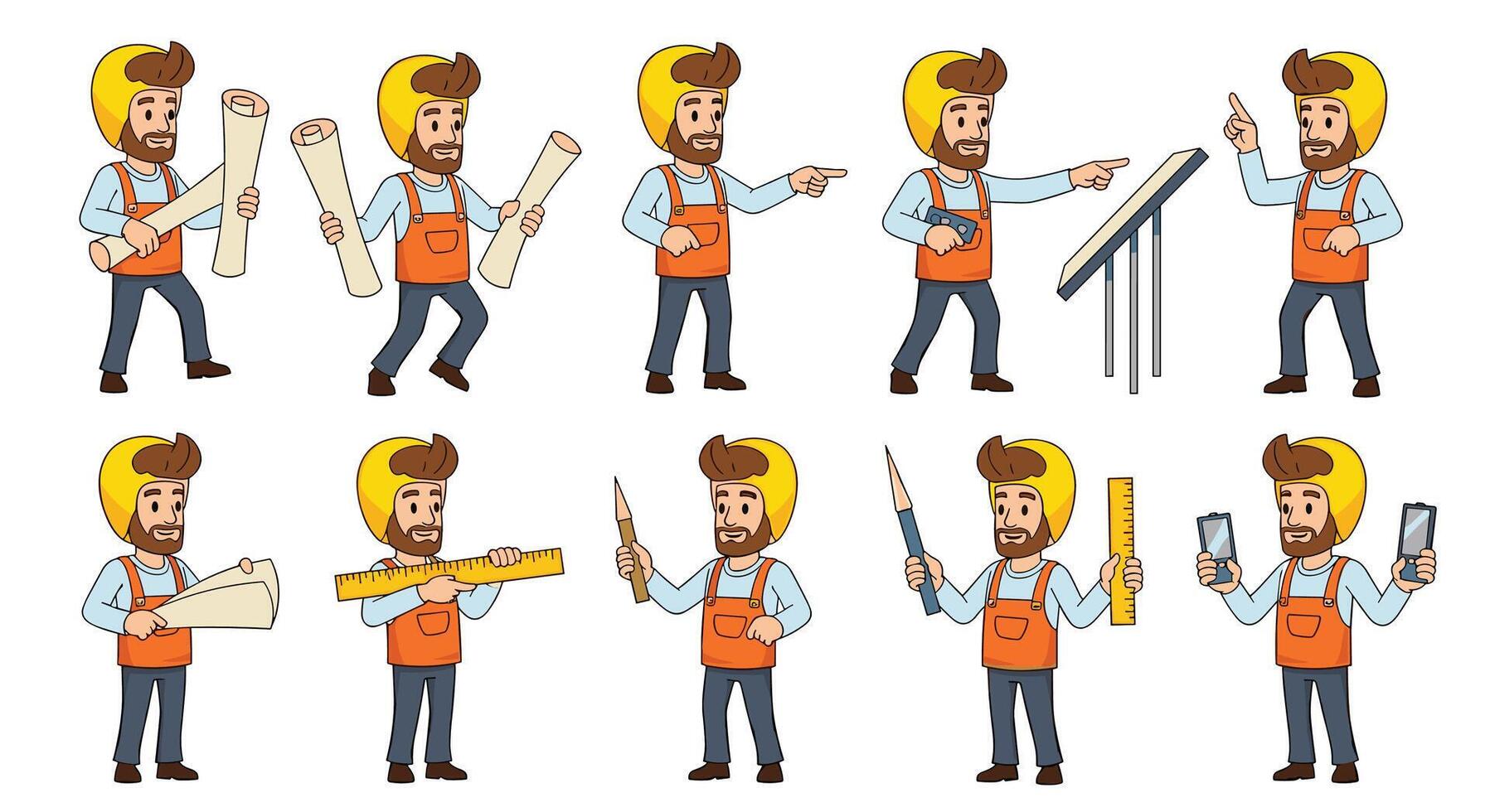 A cartoon man in an orange overalls holding various tools vector