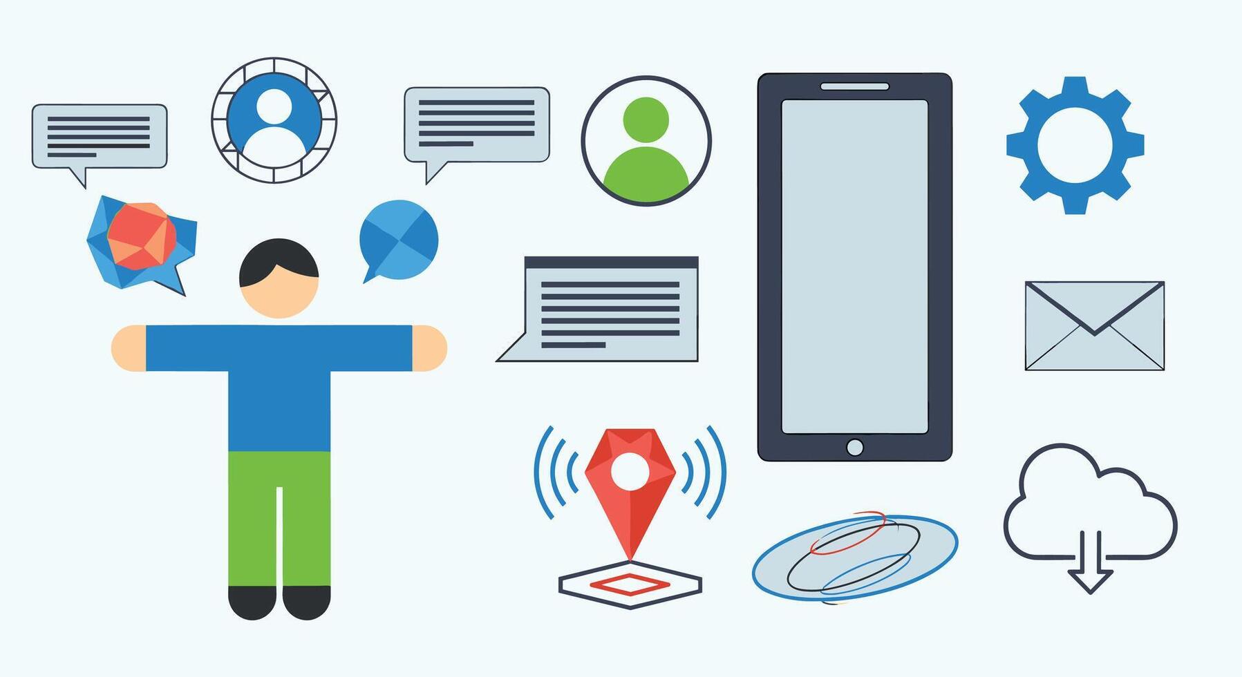 A man is surrounded by icons and icons vector