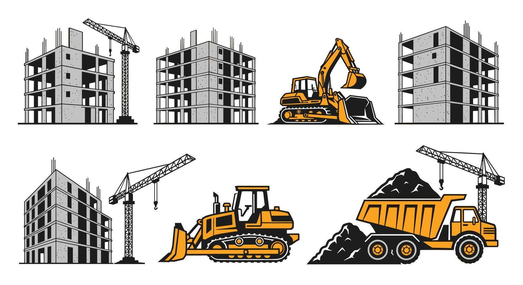 Construction equipment and buildings illustration vector