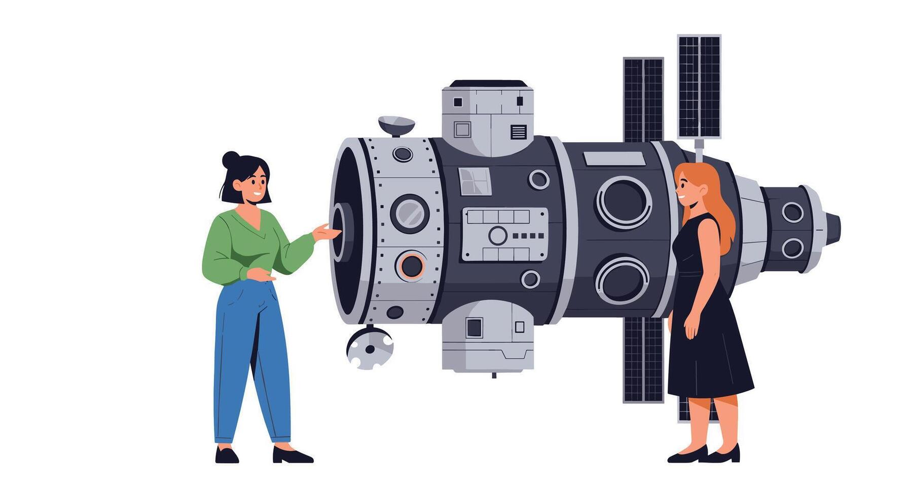 Two women are standing next to a space station vector