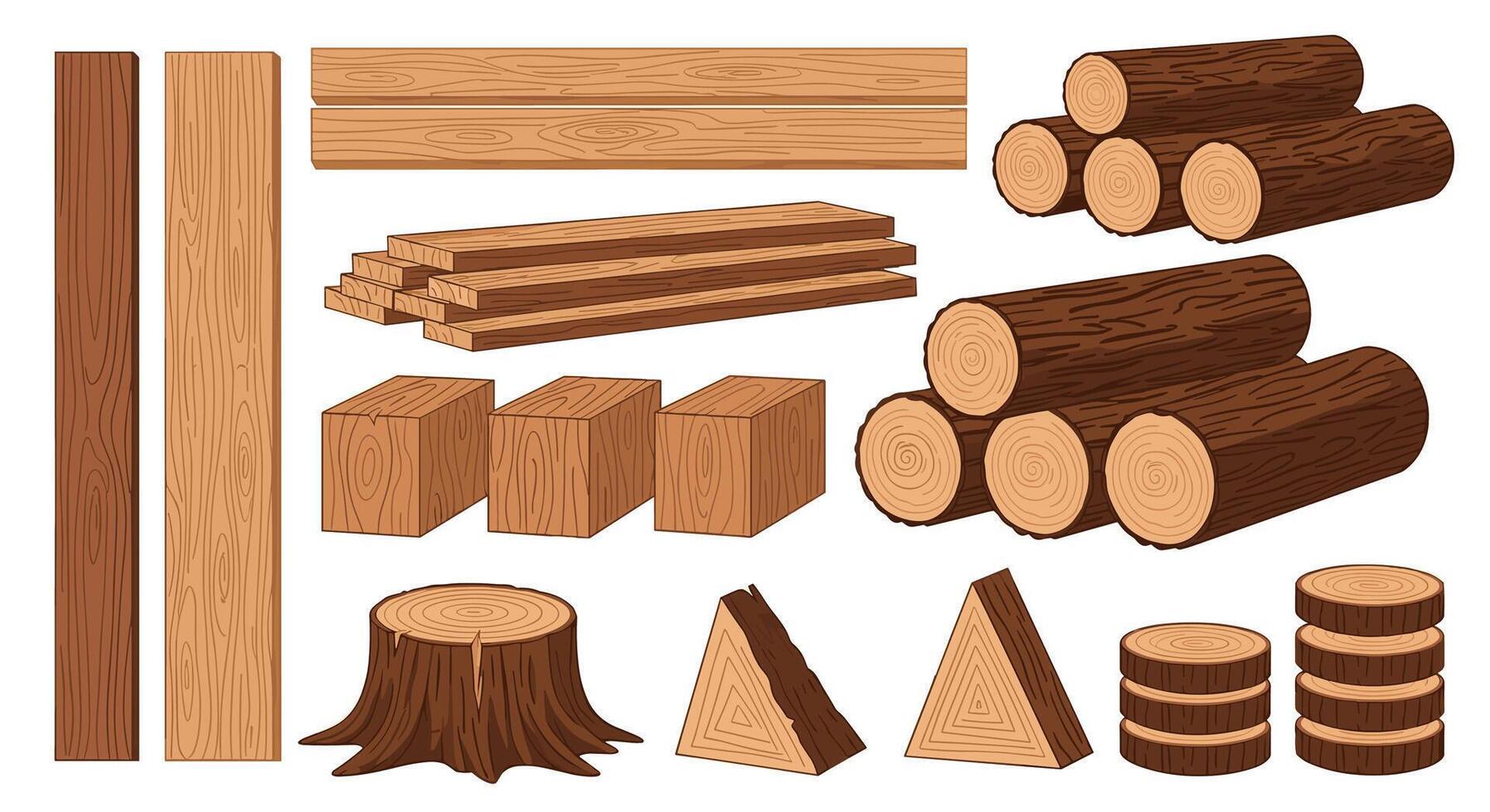 Various types of wood and lumber on a white background vector