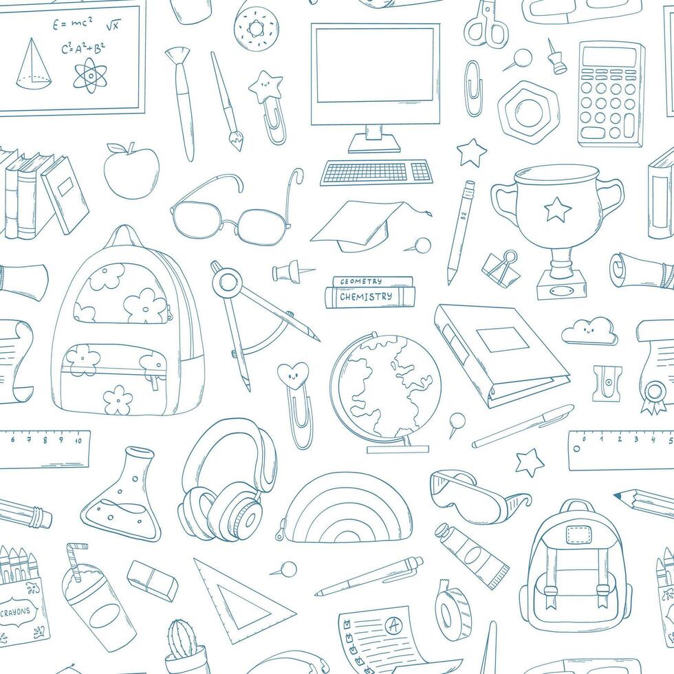 School seamless pattern with monochrome doodles for wallpapers, backgrounds, scrapbooking, wrapping paper, stationery, packaging, etc. EPS 10 vector
