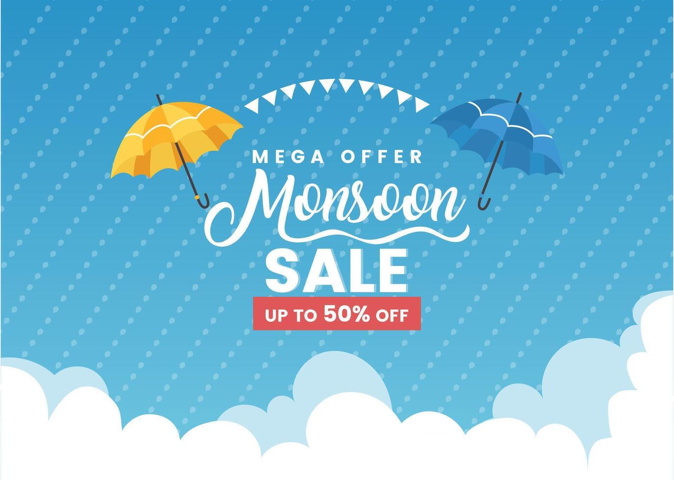 Monsoon sale banner with stylish frame,clouds, colorful umbrella, and raindrops on a blue background. Features an overcast sky and designated area for custom text vector