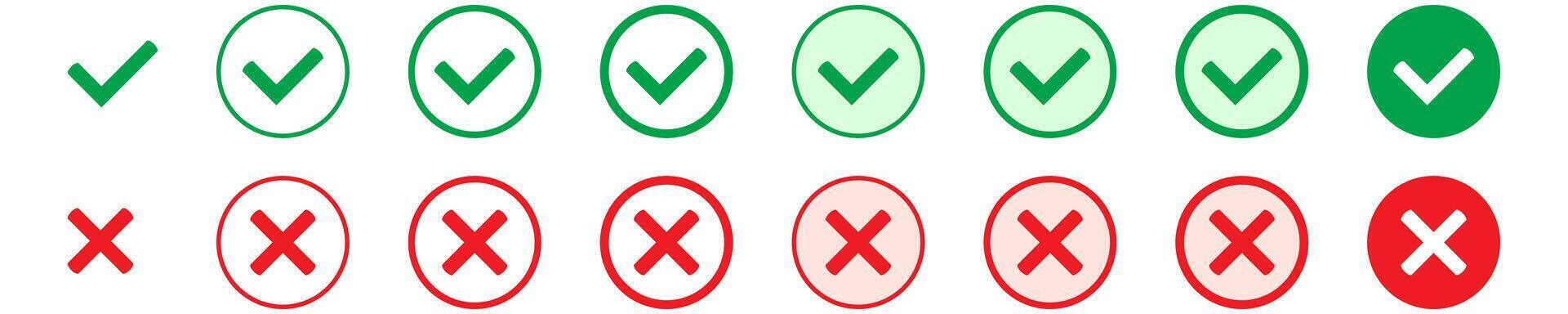 Right or wrong icons. Green tick and red cross checkmarks in circle flat icons. Yes or no symbol, approved or rejected icons. vector