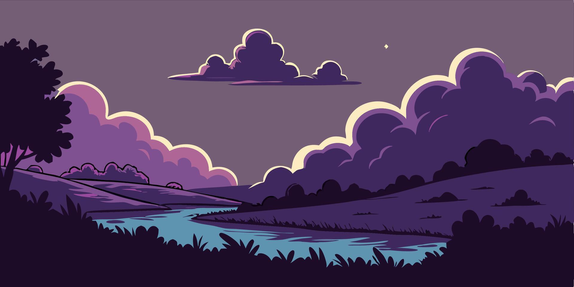 Serene Twilight Landscape River, Hills, and Clouds vector