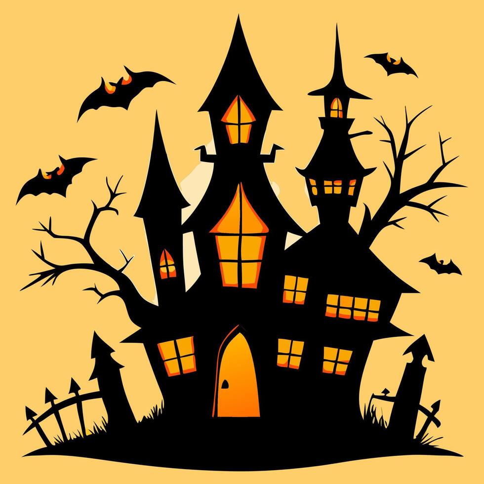 Halloween Haunted House Illustration, Bats, Spooky Castle vector