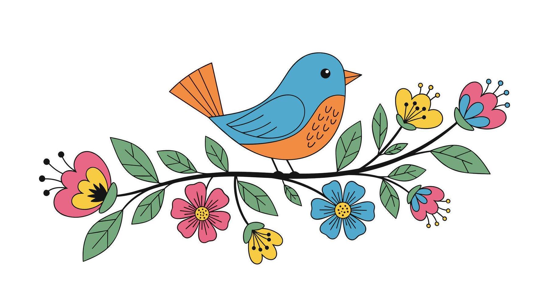 A Bird On A Branch Surrounded By Colorful Flowers In A Whimsical Style vector