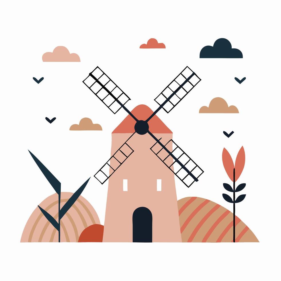 Stylized Windmill Illustration in Rural Landscape vector