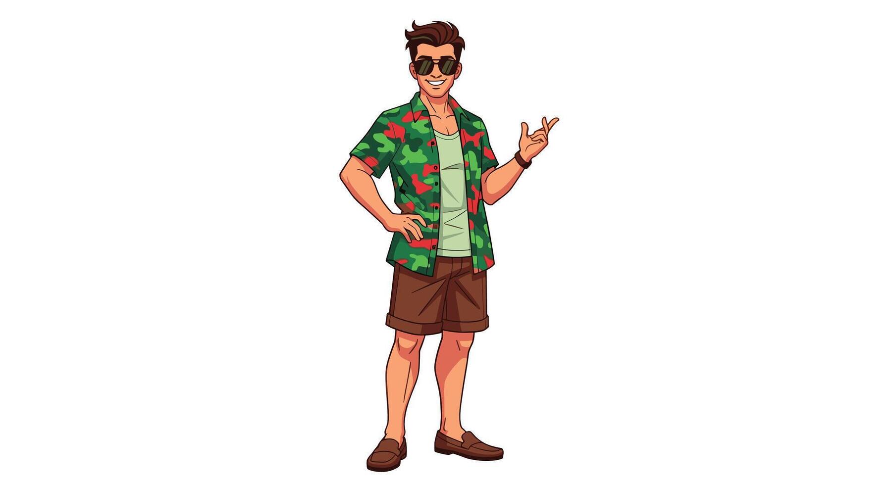 Pixelated Character Enjoying Tropical Vacation Sunshine Wearing Hawaiian Shirt Shorts and Shades vector