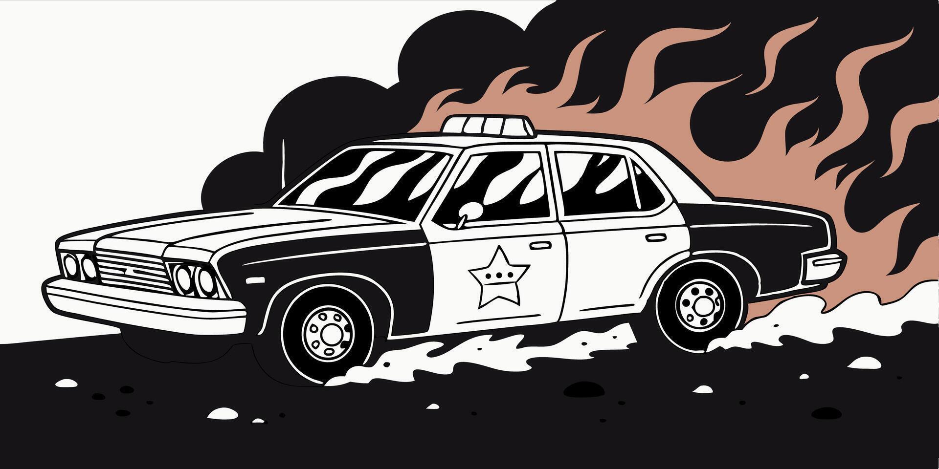 Vintage Police Car Driving Through Flames Illustration vector