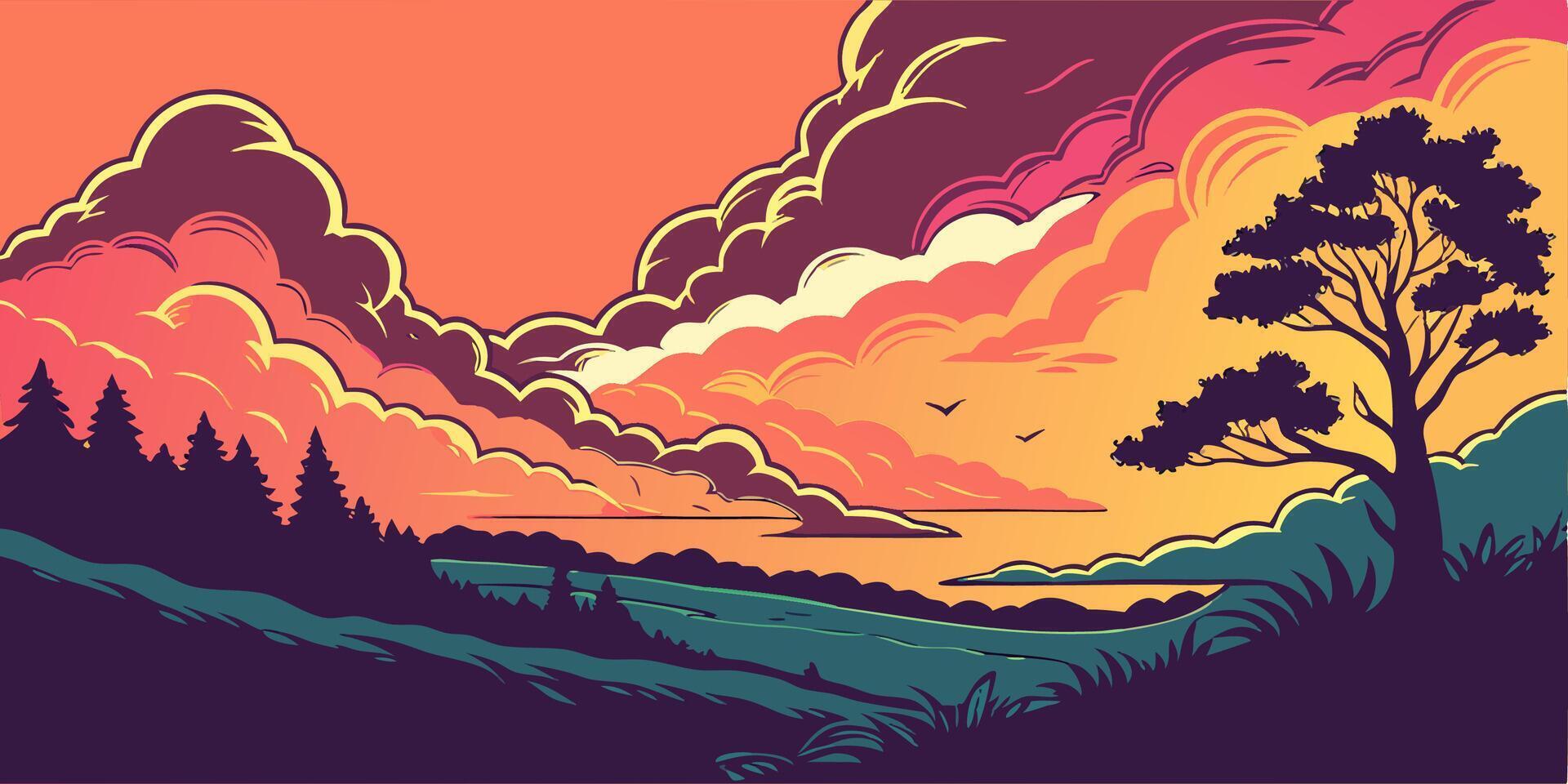 Vibrant Sunset Landscape Colorful Clouds over Ocean and Trees vector