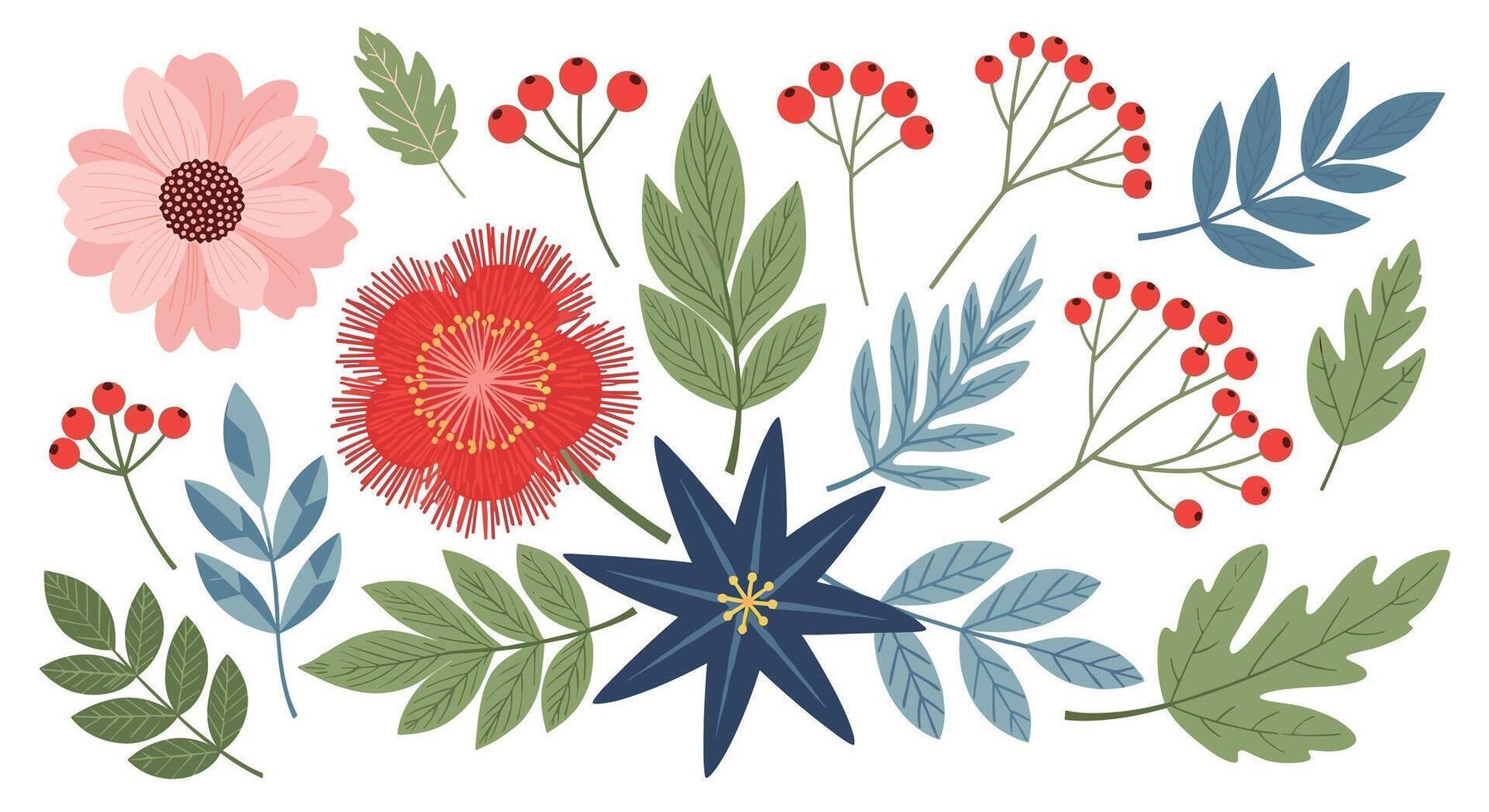 A Collection of Stylized Botanical Illustrations with Leaves Berries and Floral Elements vector