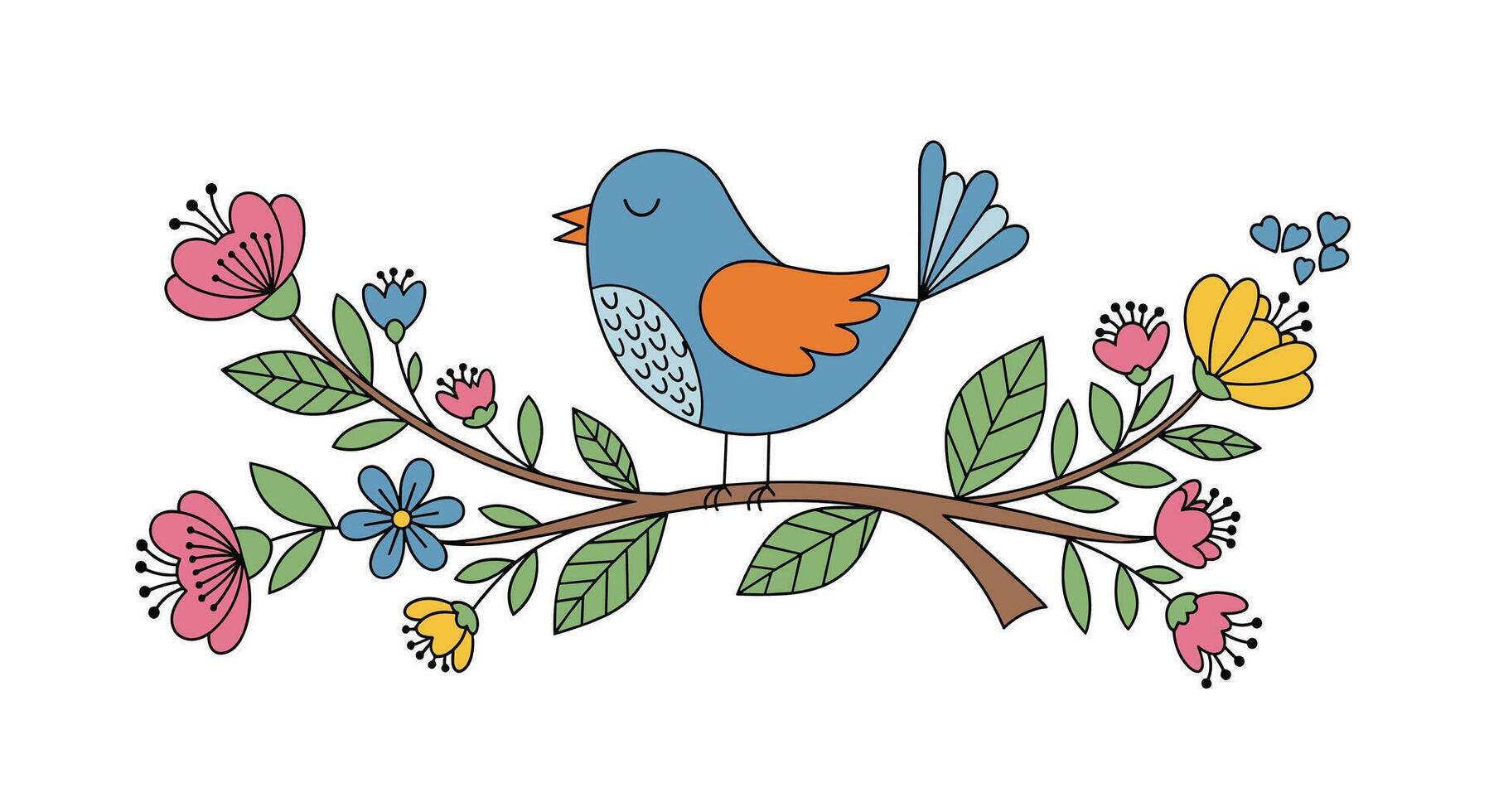 A Detailed Look at a Cute Bird Perched on a Branch with Flowers Illustration vector