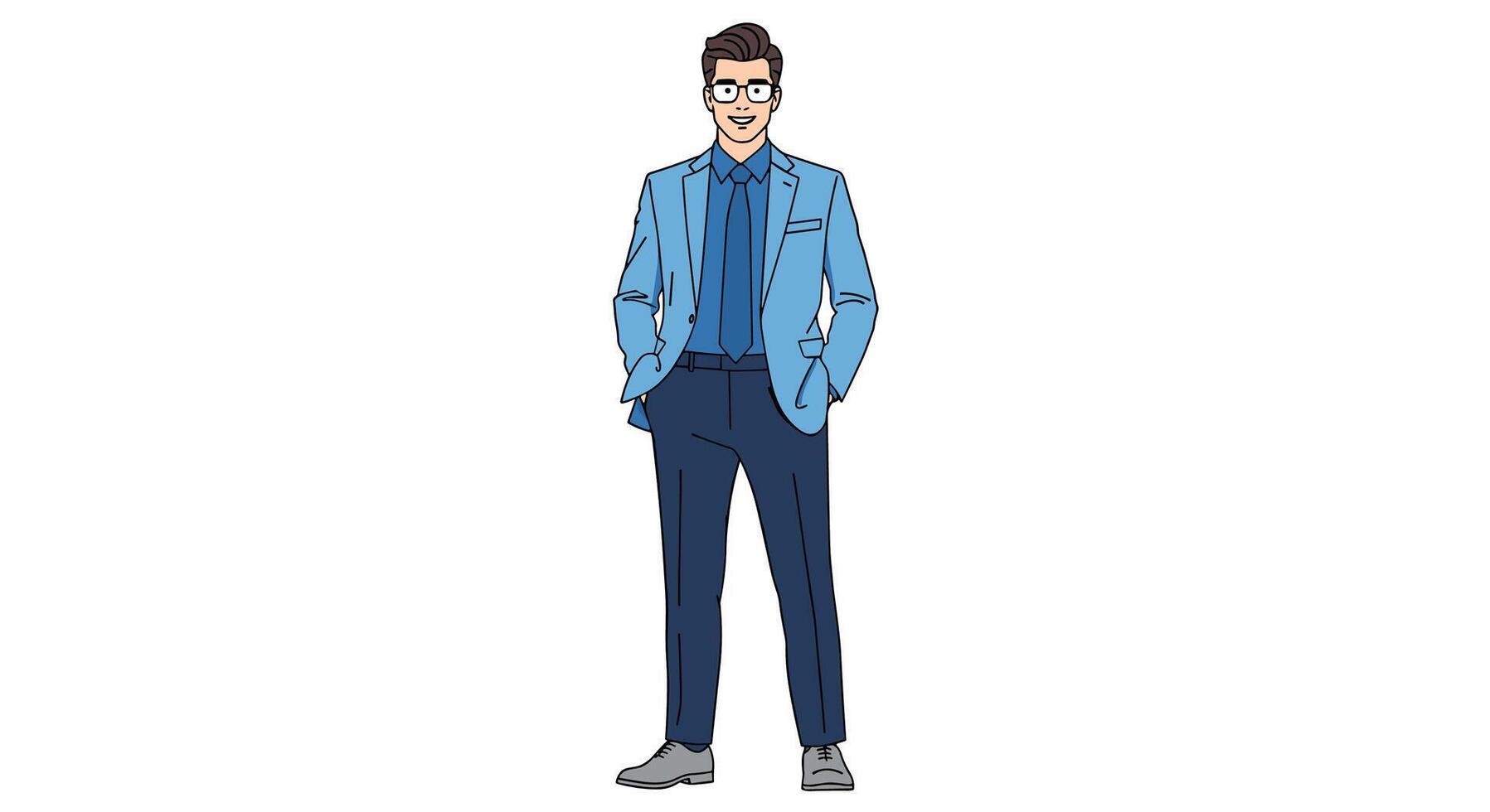 Dapper Man in a Blue Suit Standing with Hands in Pockets Illustration vector