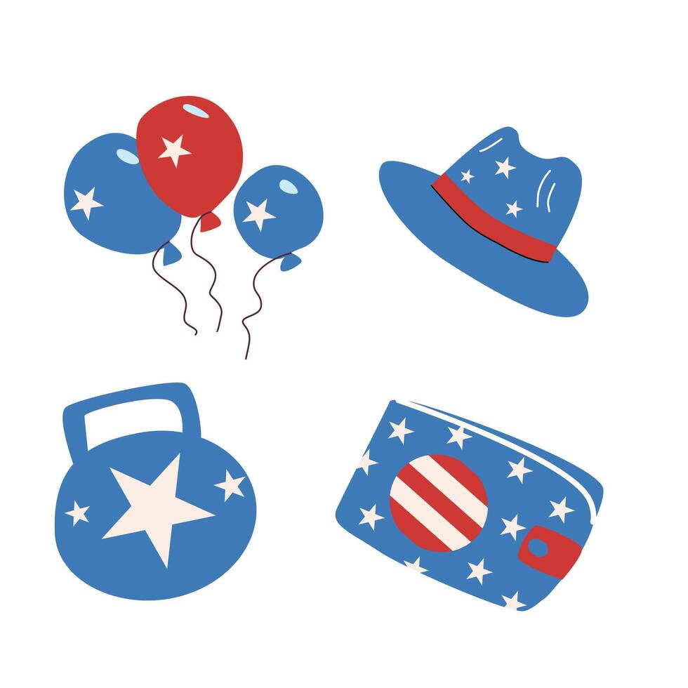 Festive 4th of july icons with balloons, hat, and american flag elements for celebration design vector