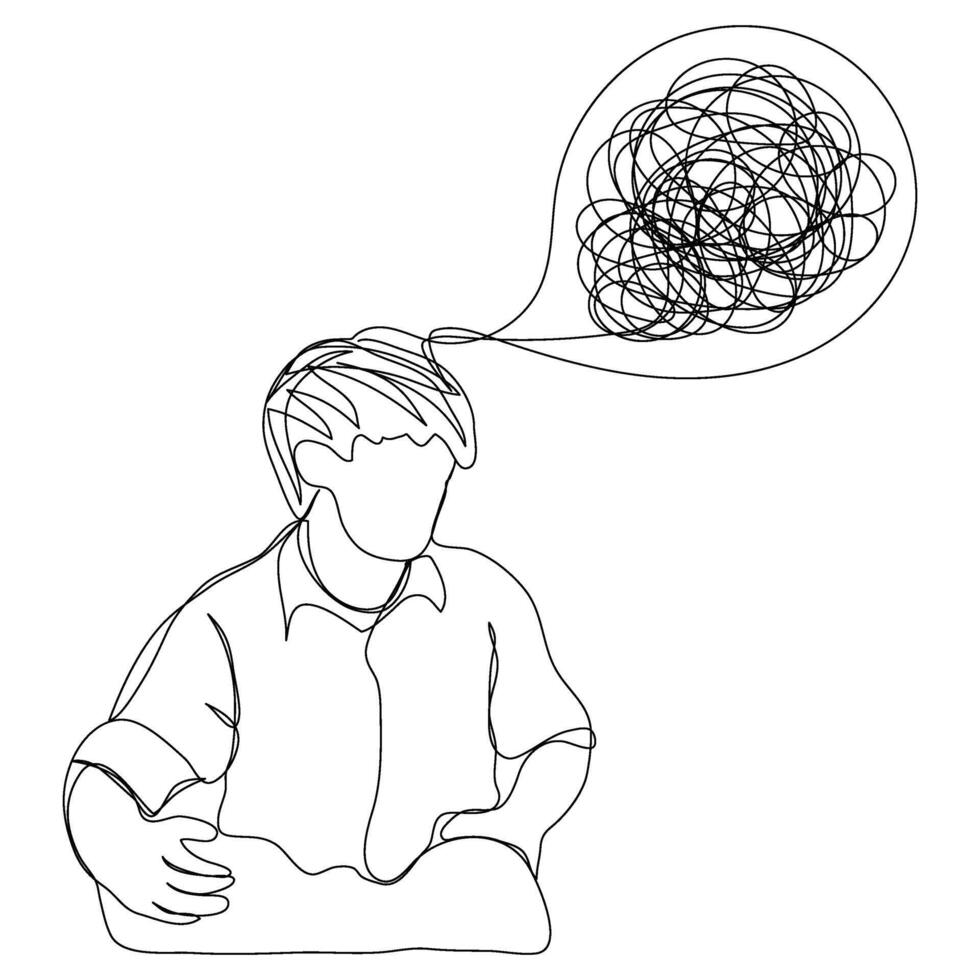 Continuous line art design of headache depress stress sick confuse feel man boy male decor. vector
