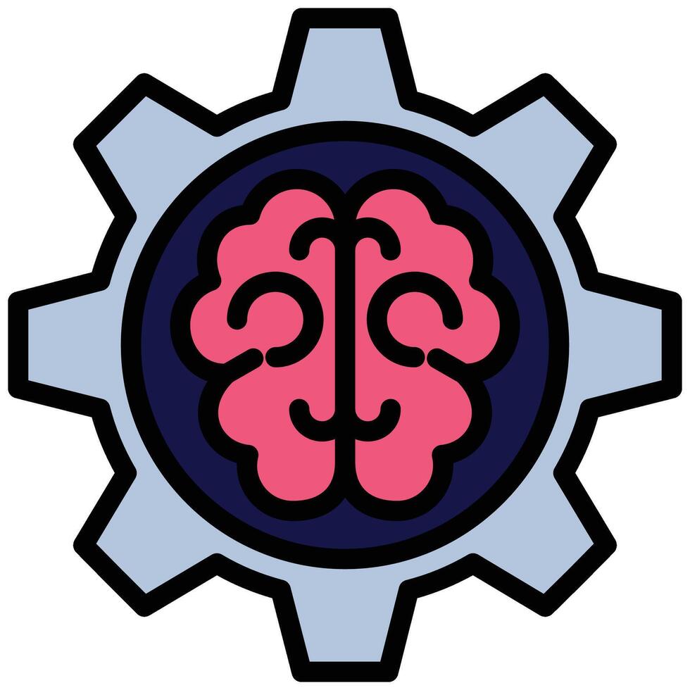 Brain Gear Outline Flat Icon, Artificial Intelligence Concept in Outline Flat design style vector