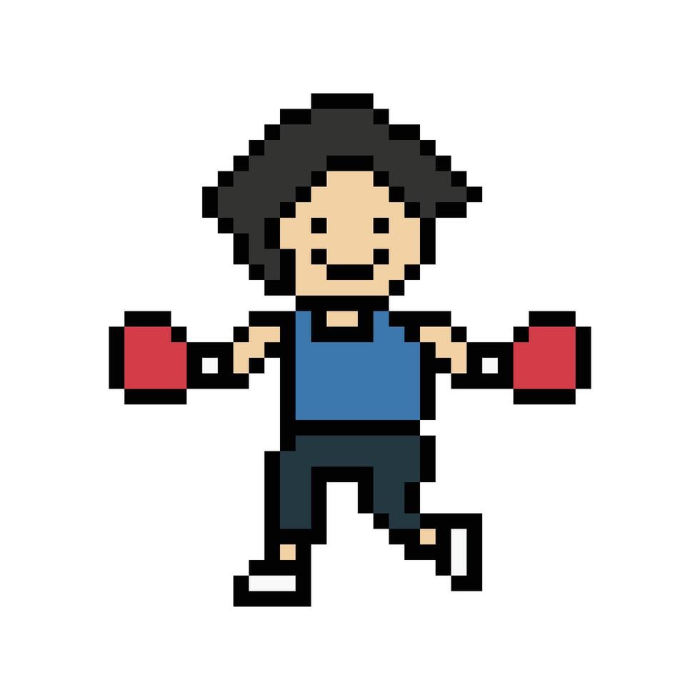 8 bit cute design of man male or boy play boxing spar pugilism fisticuffs ring pixel character. vector