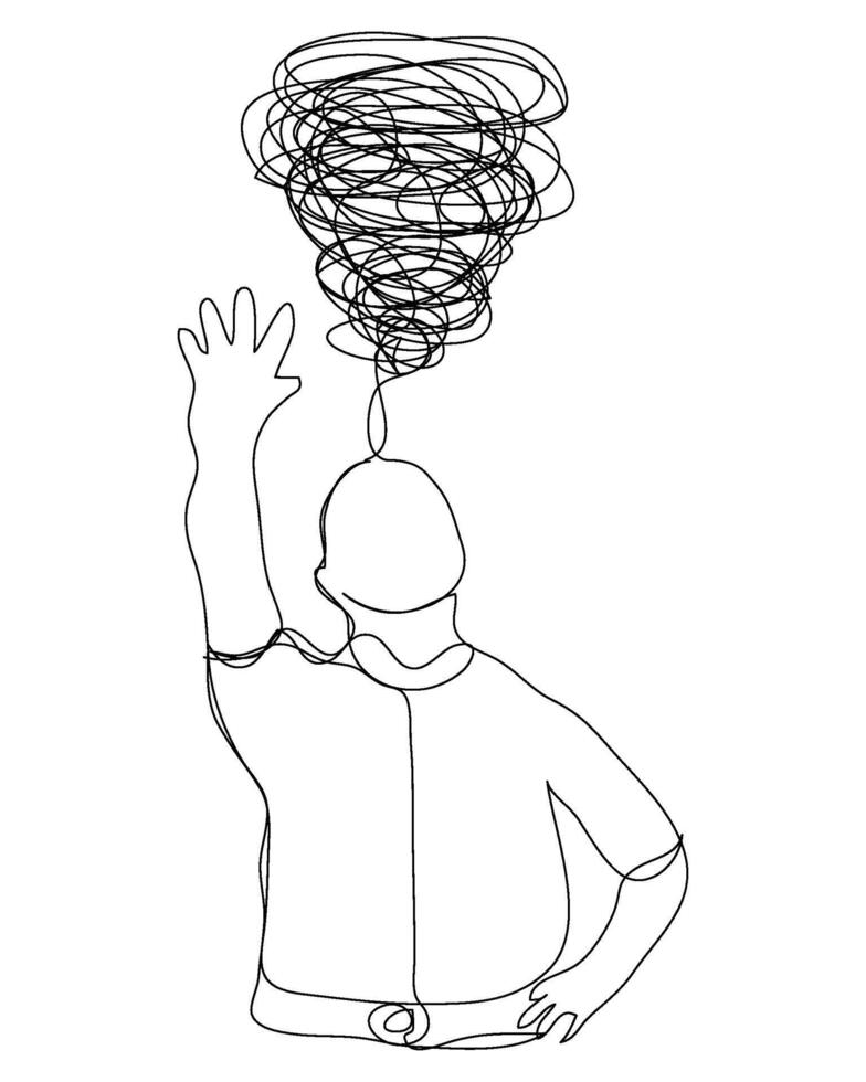 Minimal cute sketch of headache depress stress sick confuse feel man boy male continuous line. vector