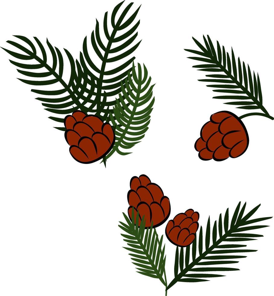 Pine tree branches with pine cones set composition isolated. graphic line ink illustration. For poster, flyer, banner, invitation, social media, party or sale vector