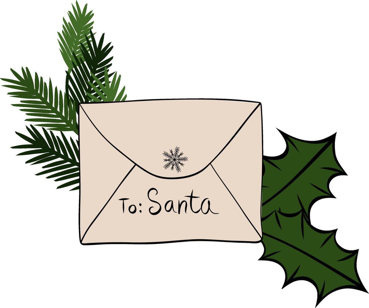 Dear Santa Claus Letter envelope with pine branch composition isolated. graphic line ink illustration. Perfect for cards, decorations, stickers, logo, menu, various designs. vector