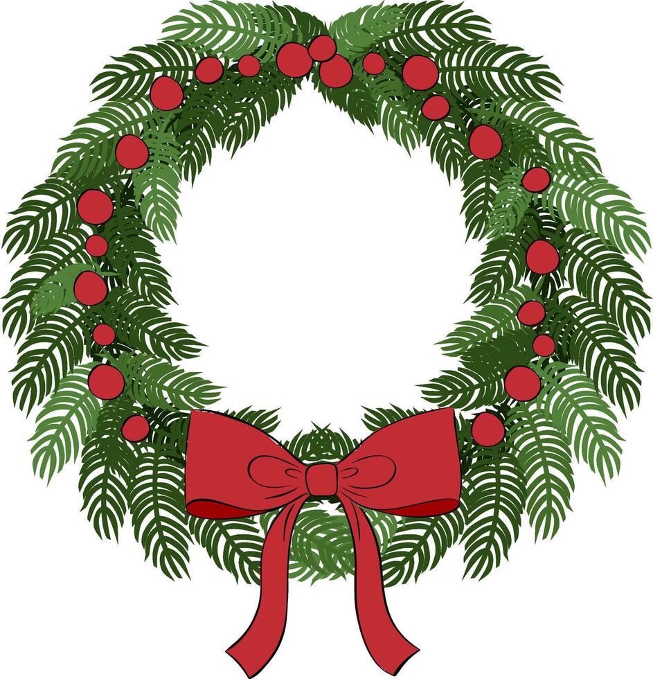 Pine tree branches with red bow and ribbons composition isolated. graphic line ink illustration. Decoration for holiday banners, party posters, cards, headers, social media. vector