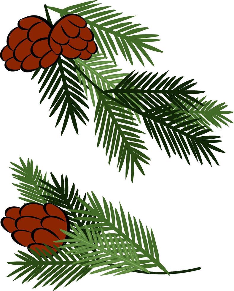 Christmas tree branches with pine cones set composition isolated. graphic line ink illustration. Banner, poster, wrapping paper, sticker, print, modern textile design. vector