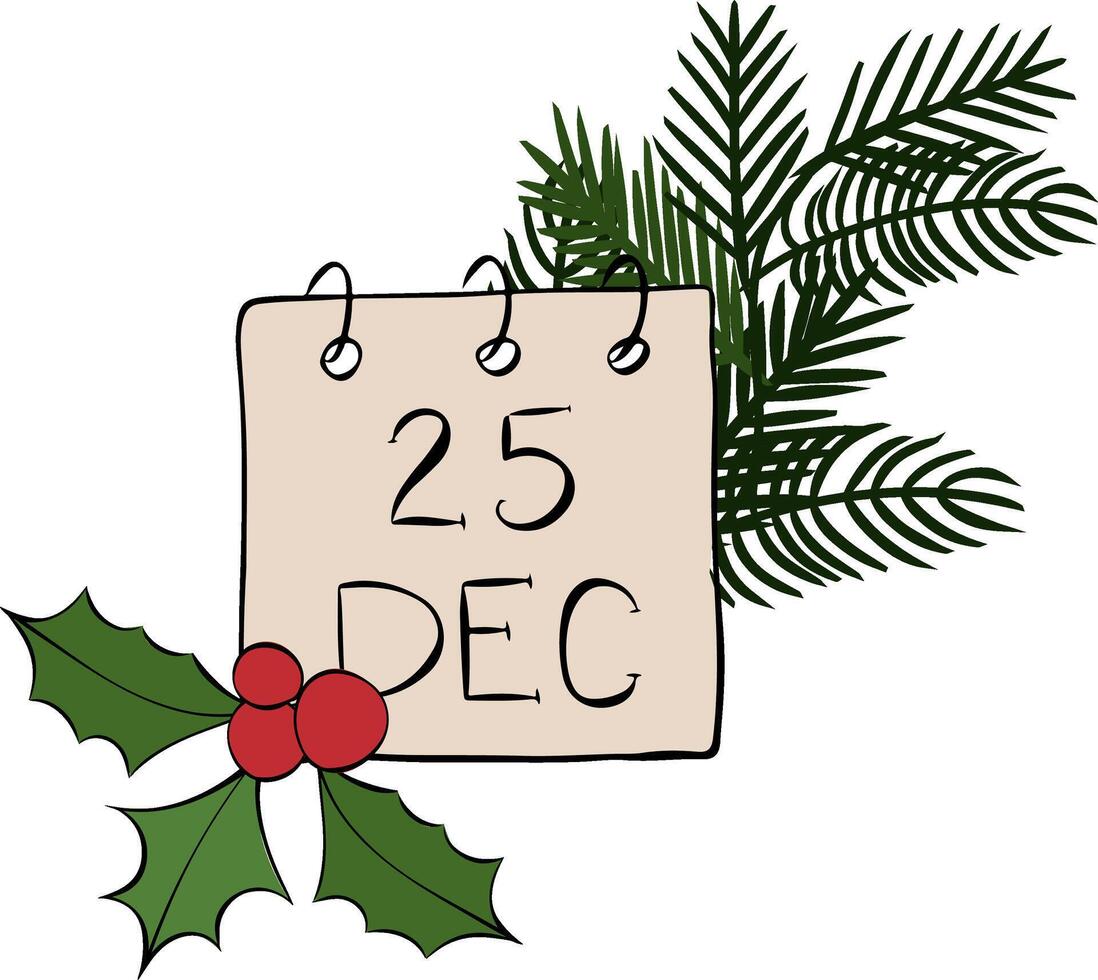 25 December calendar holiday composition isolated. graphic line ink illustration. calendar symbol for the month of December. For logo, web, package, sticker. vector