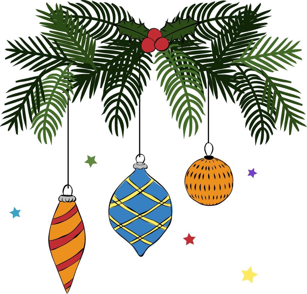 A Christmas tree branch decorated with toys composition isolated. graphic line ink illustration. illustration for package, holiday design, fabric and textile. vector