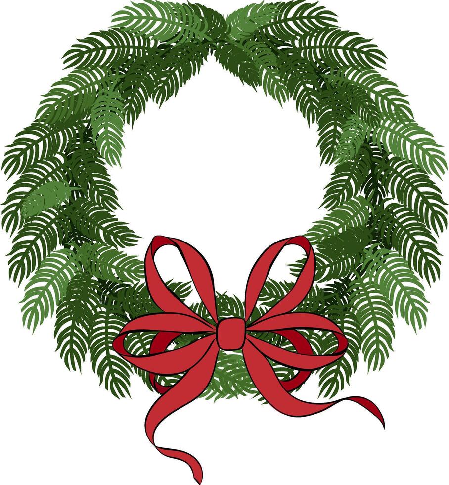 Christmas tree wreath. pine tree branches with red bow and ribbons. composition isolated. graphic line ink illustration. Decoration for holiday banners, party posters, cards, headers vector