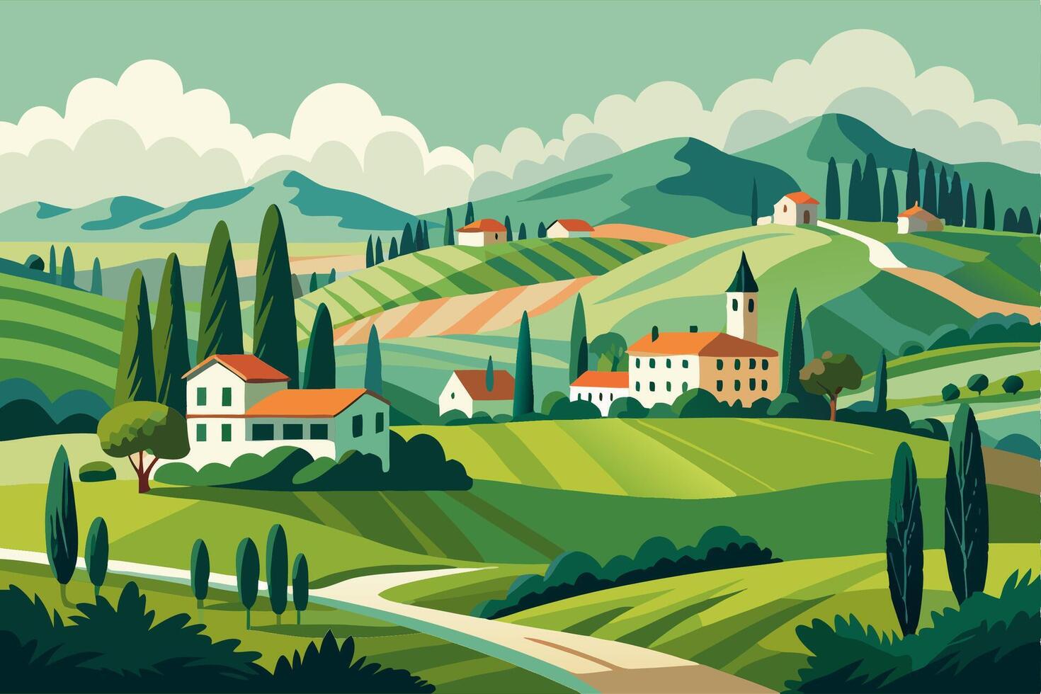 Tuscan Countryside Landscape Rolling Hills, Houses and Cypress Trees vector