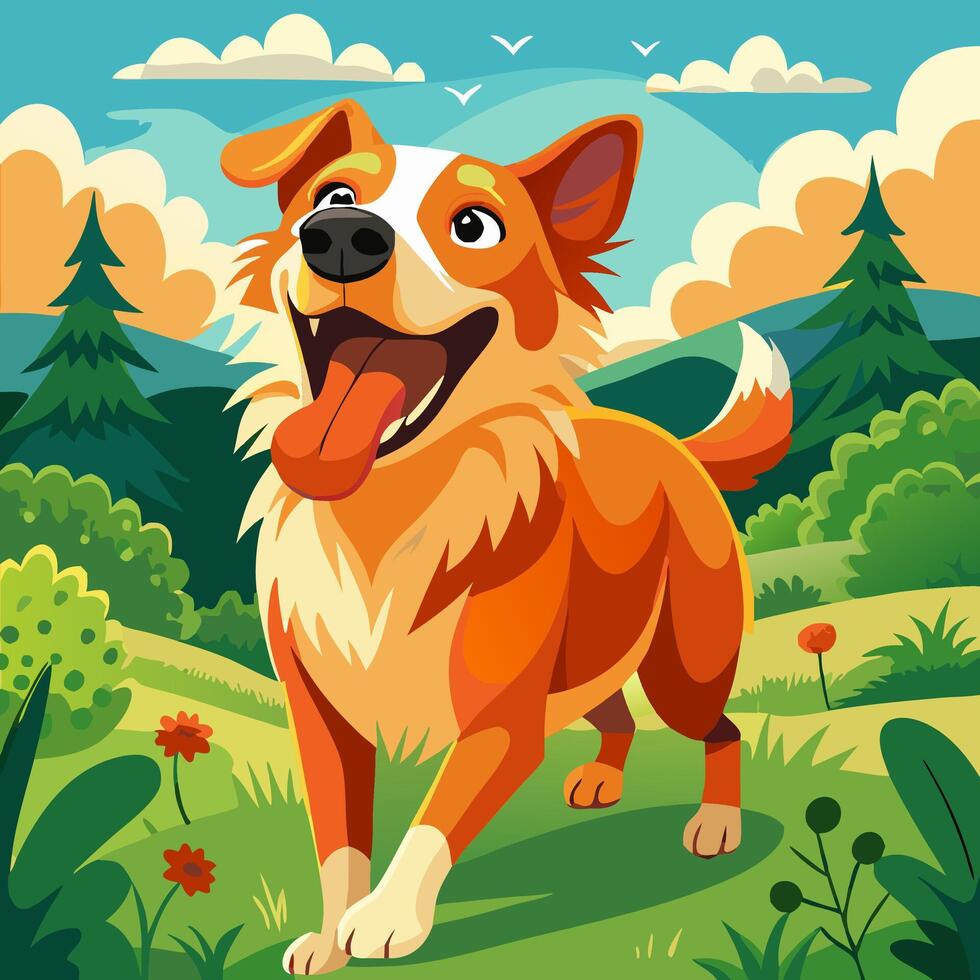 Happy Orange Dog in Mountain Landscape Illustration vector