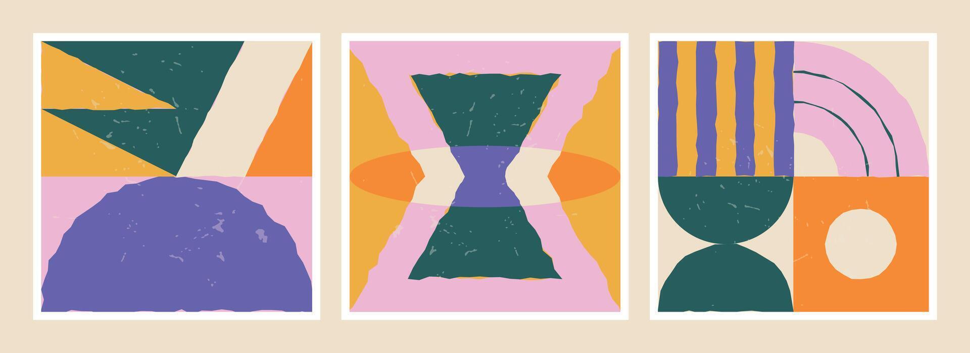 Three abstract compositions in different colors with irregular geometric shapes vector