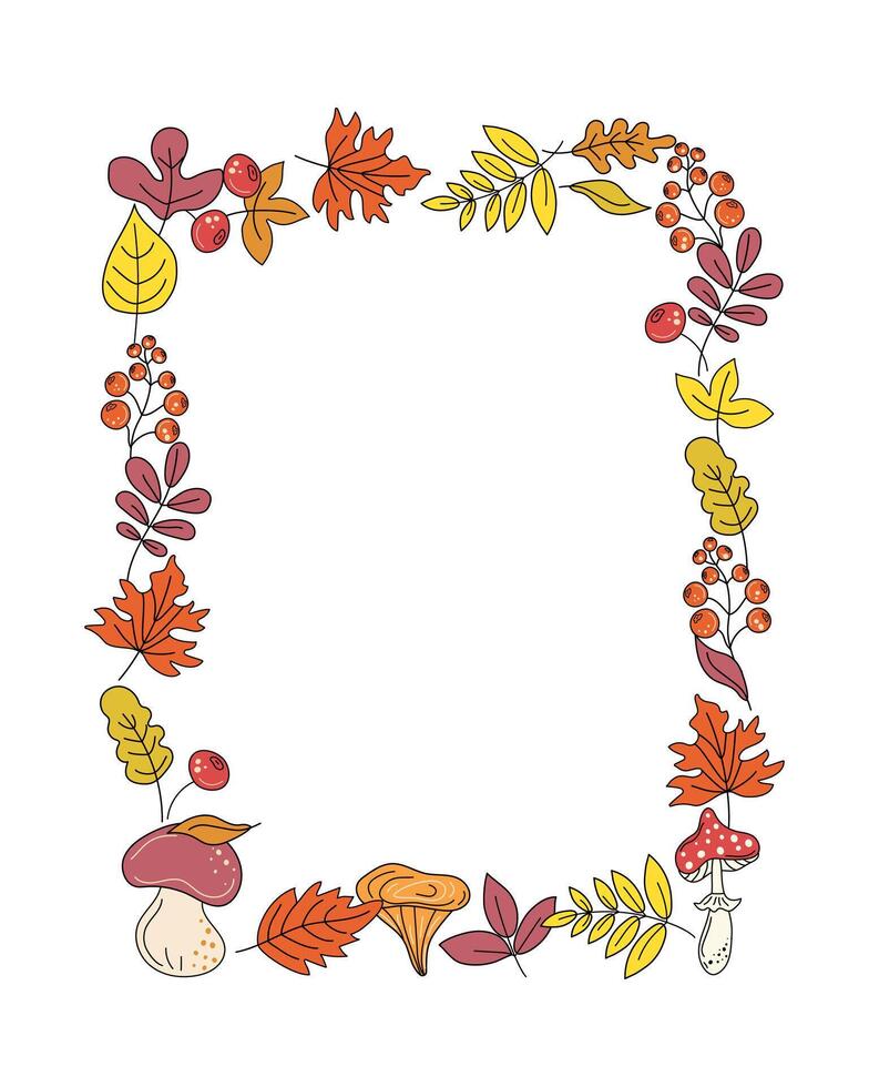 Rectangular vertical background. Autumn set leaves, mushrooms, berries. Frame, banner fly agaric, branches, doodle, drawings. Natural botanical background. Plant, hand drawn, invitation, postcard. vector