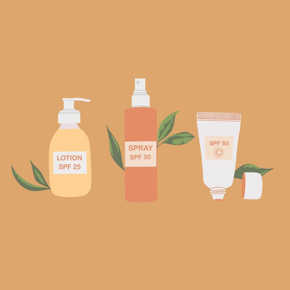 Collection of sunscreen creams. Sun protection. Bottles and lotions with SPF labels for summer, beach. Hand drawn illustration vector