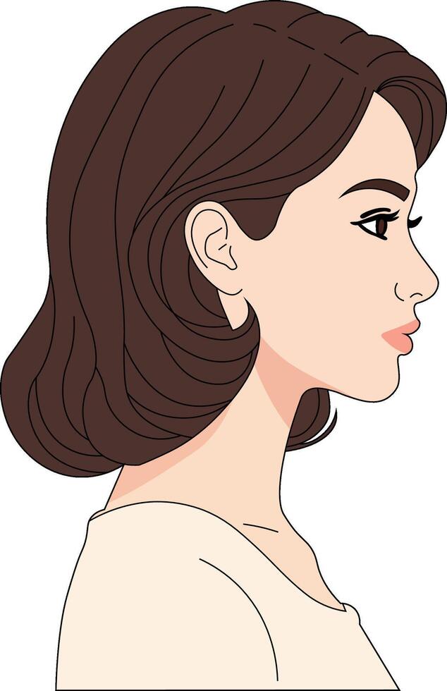 Side profile of young woman in flat cartoon vectors style, great for apps, avatars, and prints