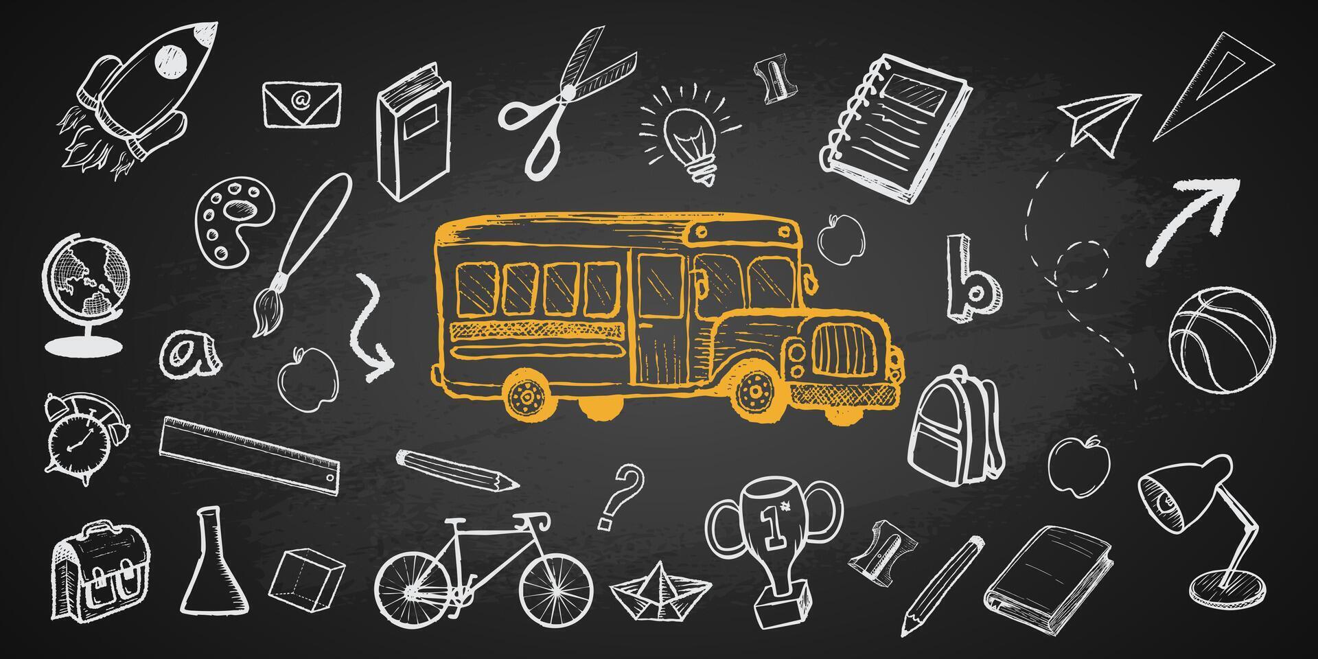 Back to school doodles in chalkboard background vector