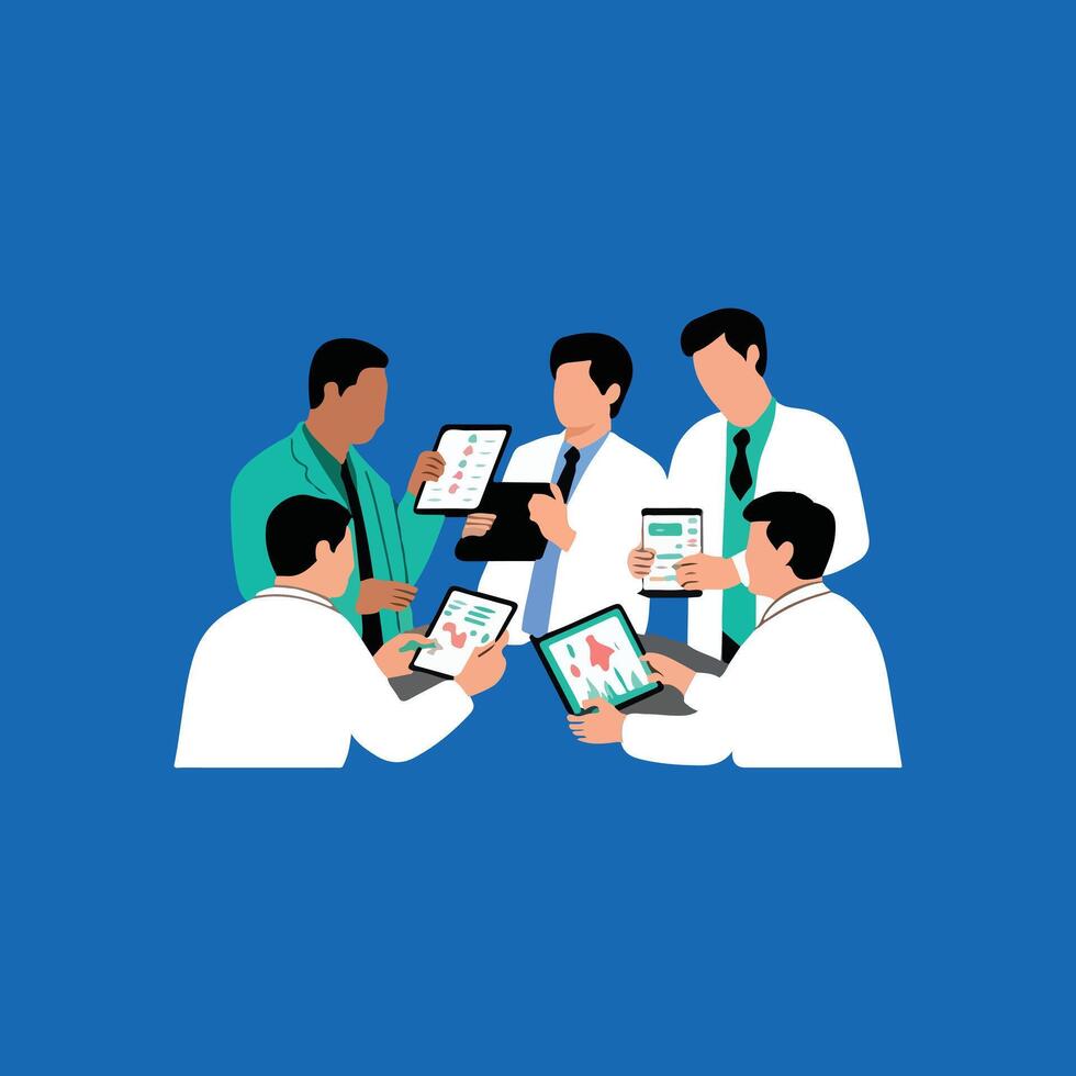 The doctor's team is discussing medical reports on digital tablets. vector
