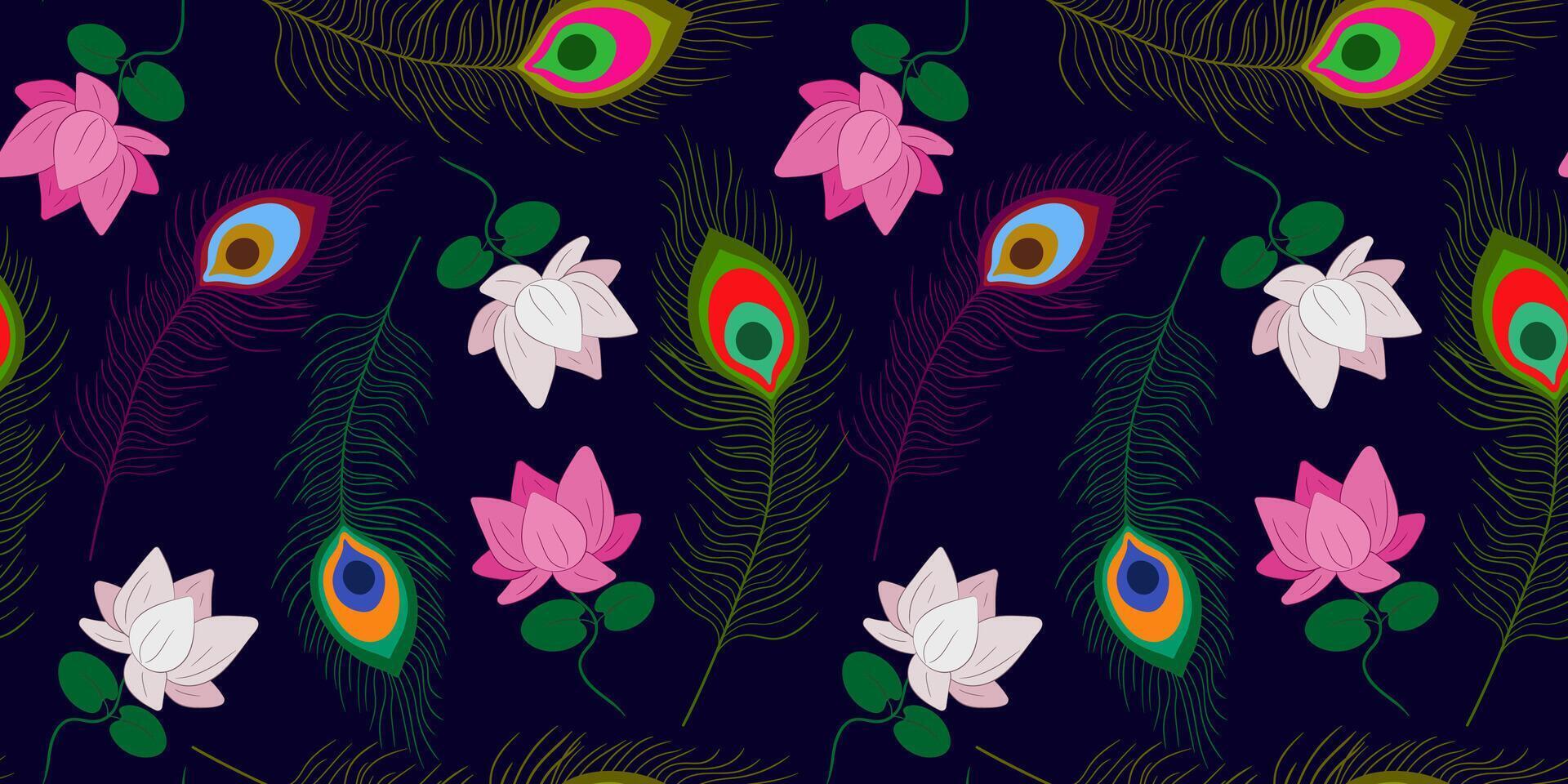 krishna janmashtami seamless pattern dark background with peacock feathers and lotus flowers for festive decor ornate hindu holiday vector