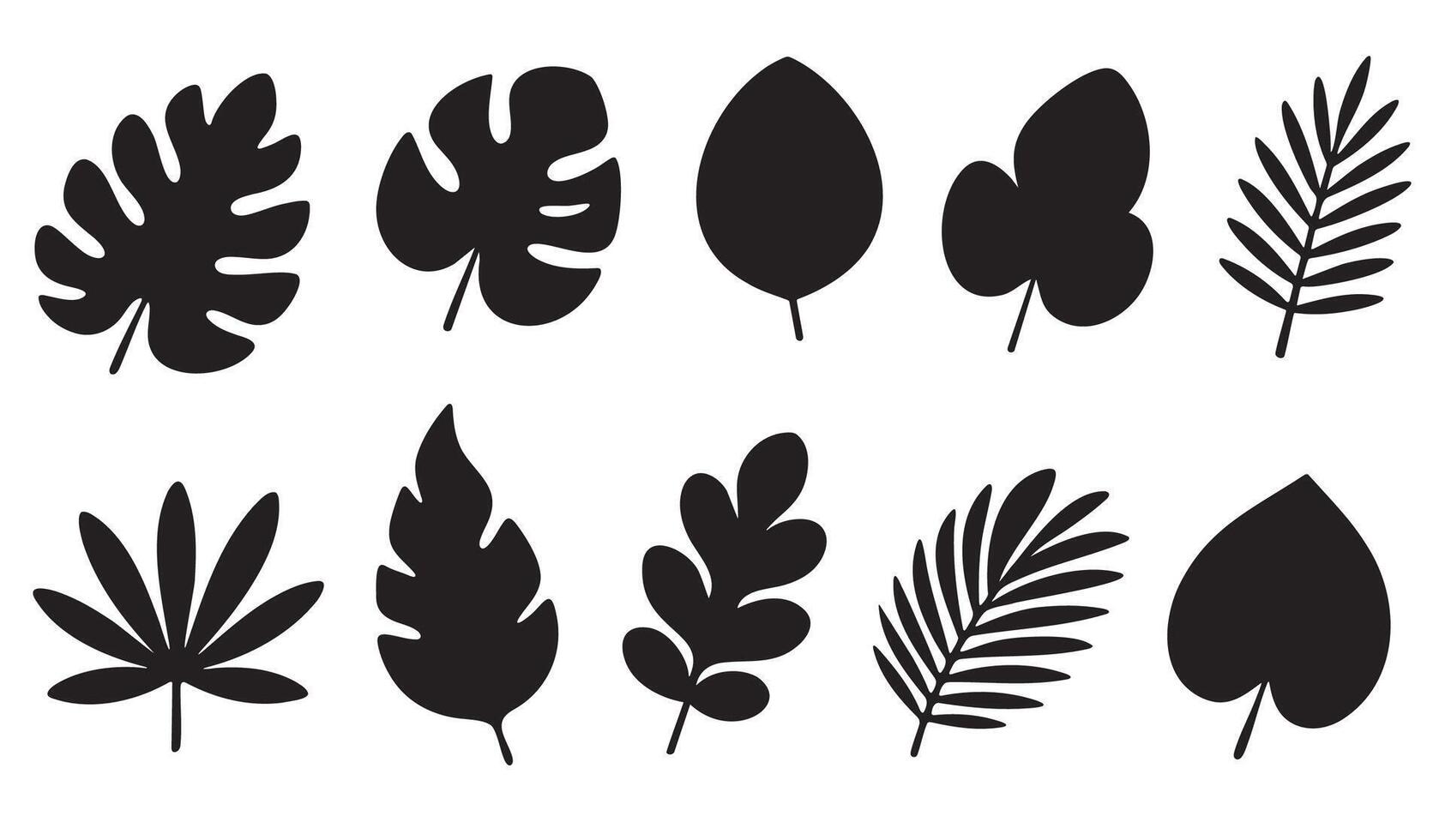 Set of tropical leaf silhouettes in black. Includes various shapes like monstera, palm and decorative jungle foliage. Ideal for logos, icons, and minimal designs vector