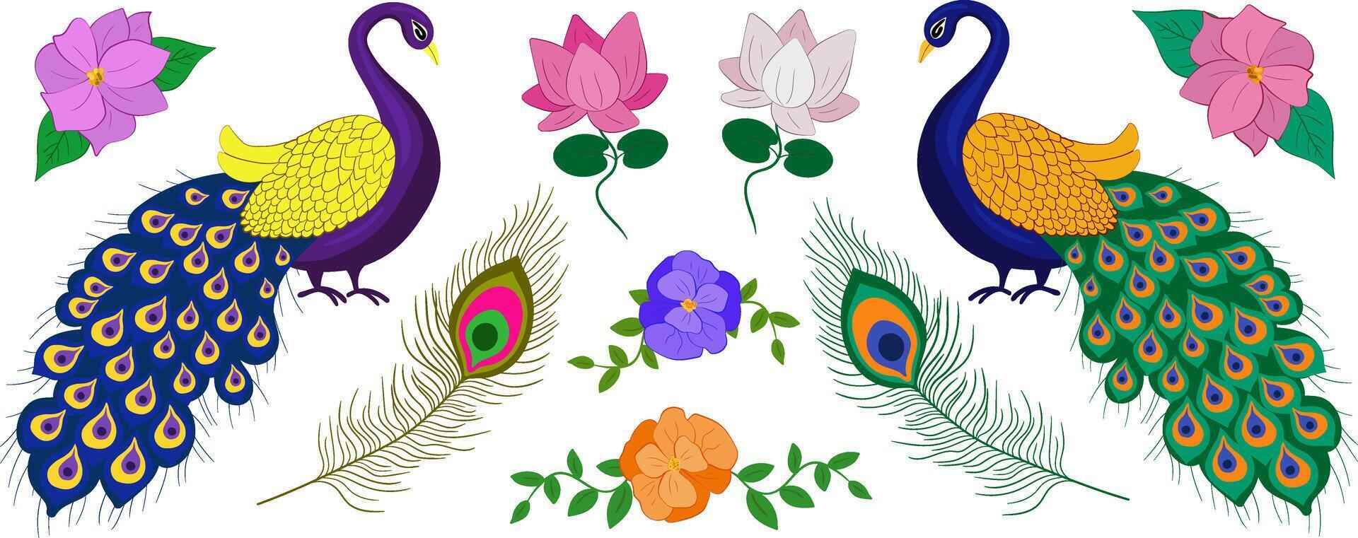 krishna janmashtami elements set vibrant peacocks lotus flowers and feathers for festive designs indian religious festival graphics traditional symbols vector