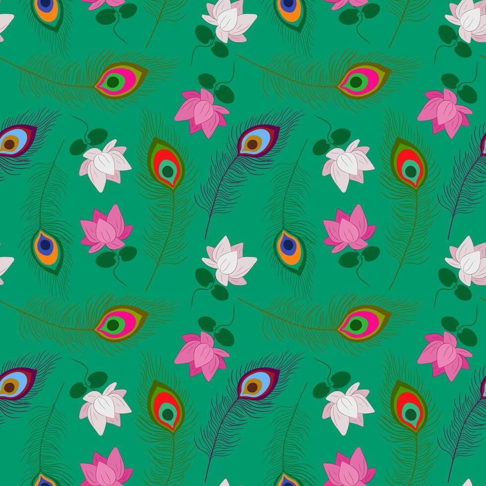 indian motif festive seamless pattern emerald background with peacock feathers and lotus flowers celebrations ornate krishna janmashtami endless backdrop vector