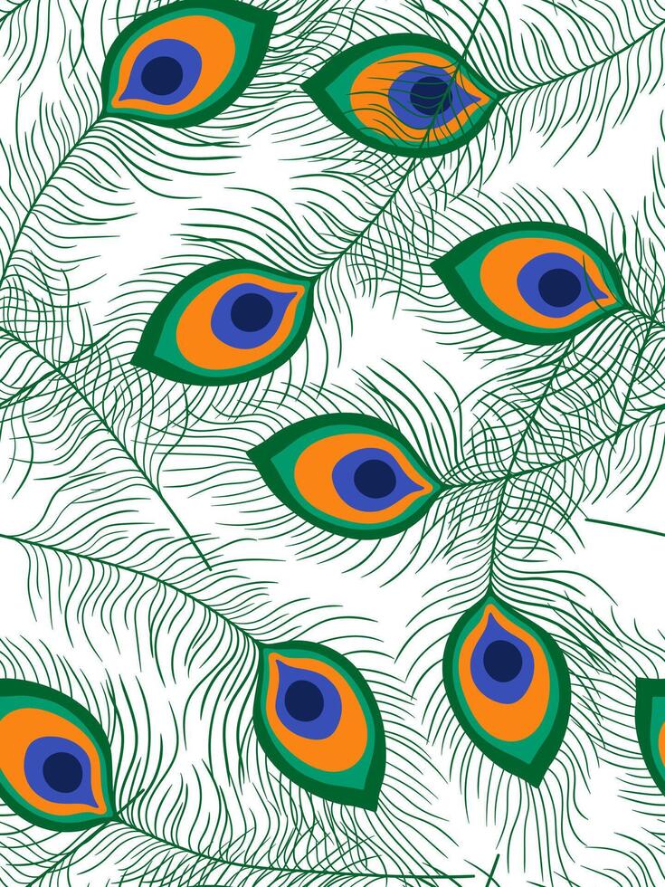 peacock feather seamless pattern white background vibrant krishna janmashtami decor textile poster colorful bird plumage print traditional indian festival vector