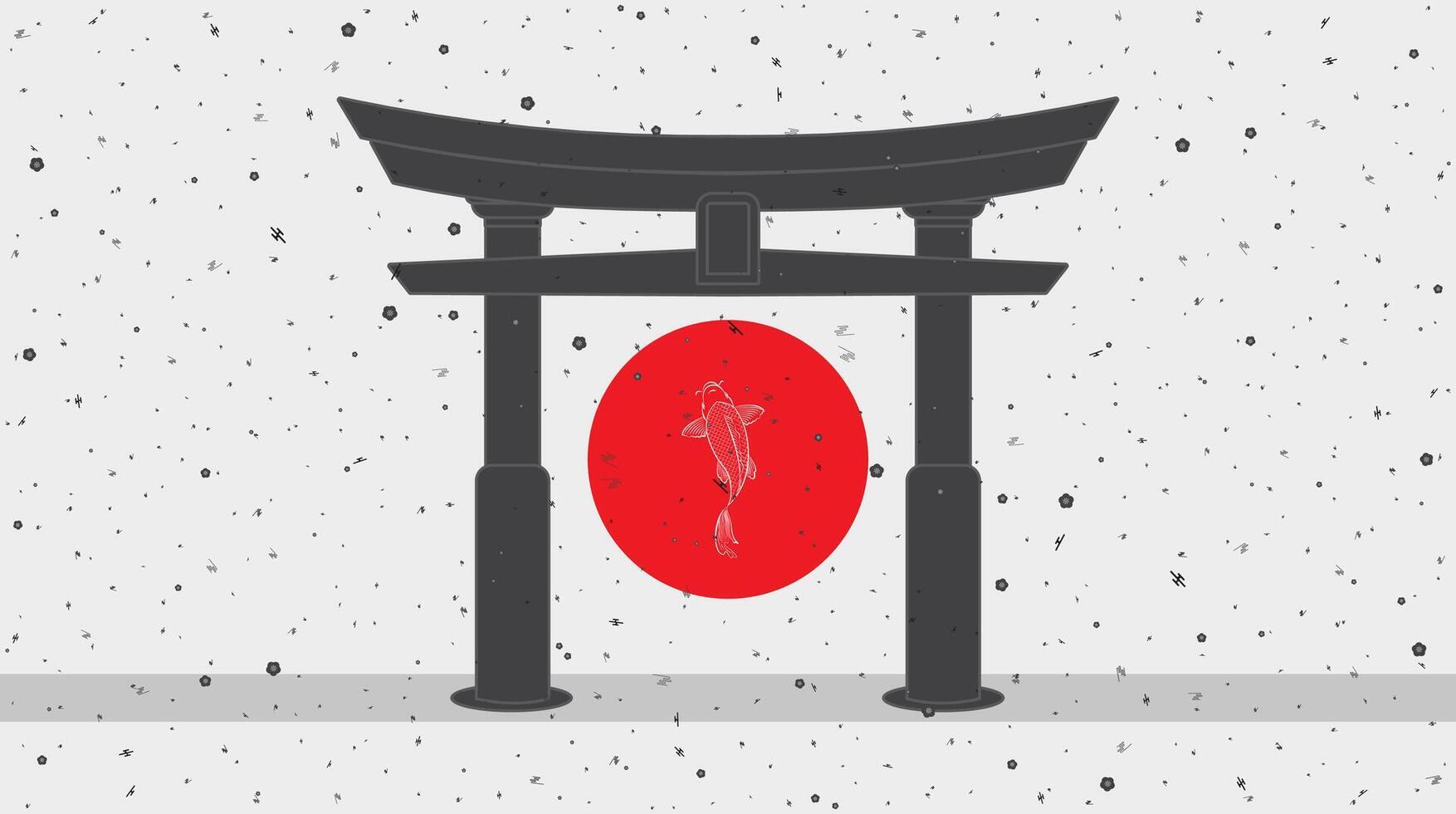 Minimalist Japanese Torii Gate with Koi Fish and Red Sun Illustration for Cultural Background and Poster Design vector